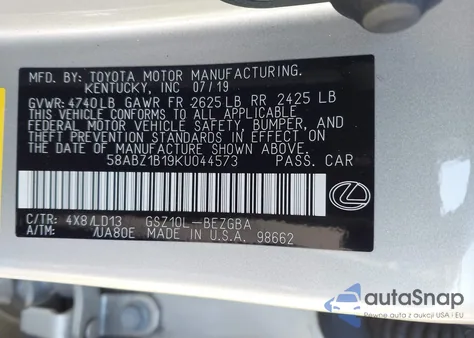 2019 Lexus Es 350 из США, поврежденный, VIN 58ABZ1B19KU044573